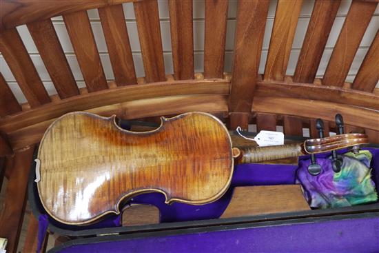 A German early 20th century violin and bow in a walnut inlaid case